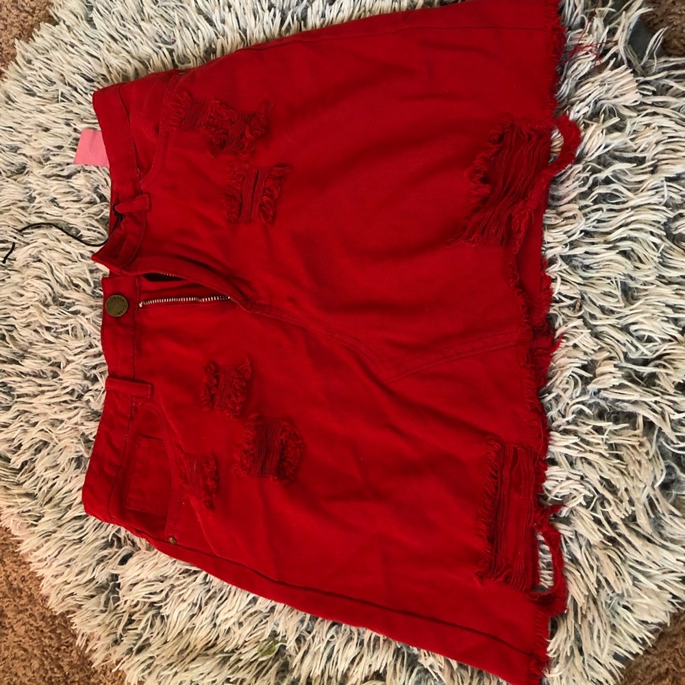 Denim Red Distressed Jean Skirt